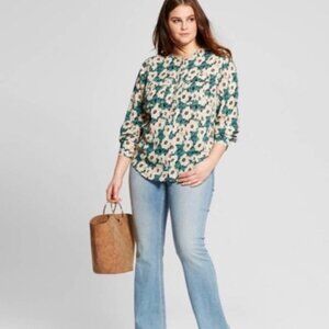 Who What Wear Green Floral Button Down Blouse Small